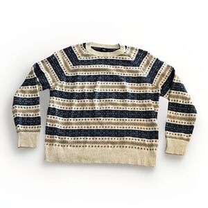 J Crew Men's Striped Fair Isle Crew Neck Sweater Size XL  Beige‎ Blue